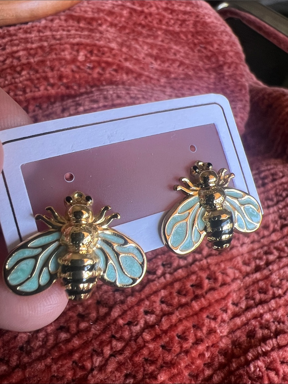 Gold Bee Enamel Stud Earrings - Light Blue Wings